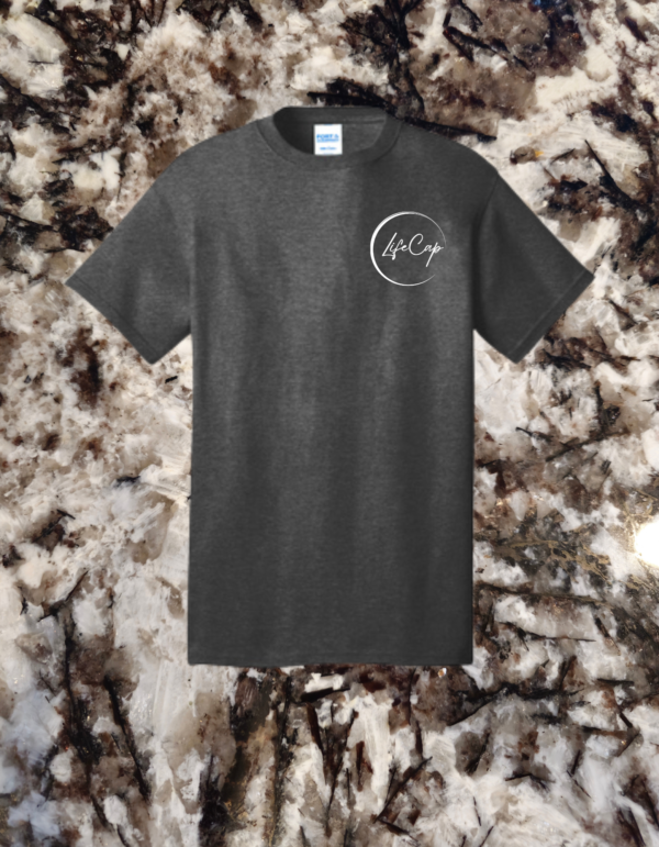 Dark heather grey t-shirt with the LifeCap logo in white, a versatile and stylish choice for any wardrobe.