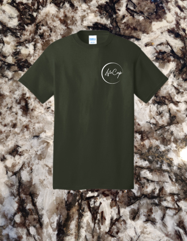Earthy olive drab green t-shirt featuring the LifeCap logo in white, a perfect blend of style and comfort.