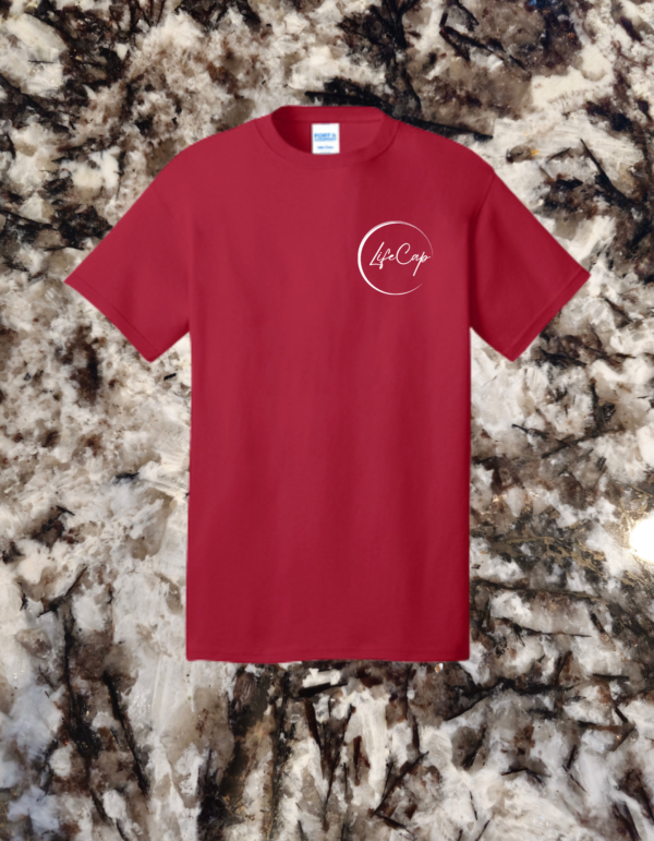 Classic red t-shirt featuring the LifeCap logo in white, combining comfort with a bold fashion statement.