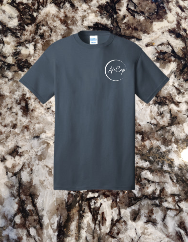 LifeCap logo on steel blue t-shirt front - simple and elegant design for casual wear